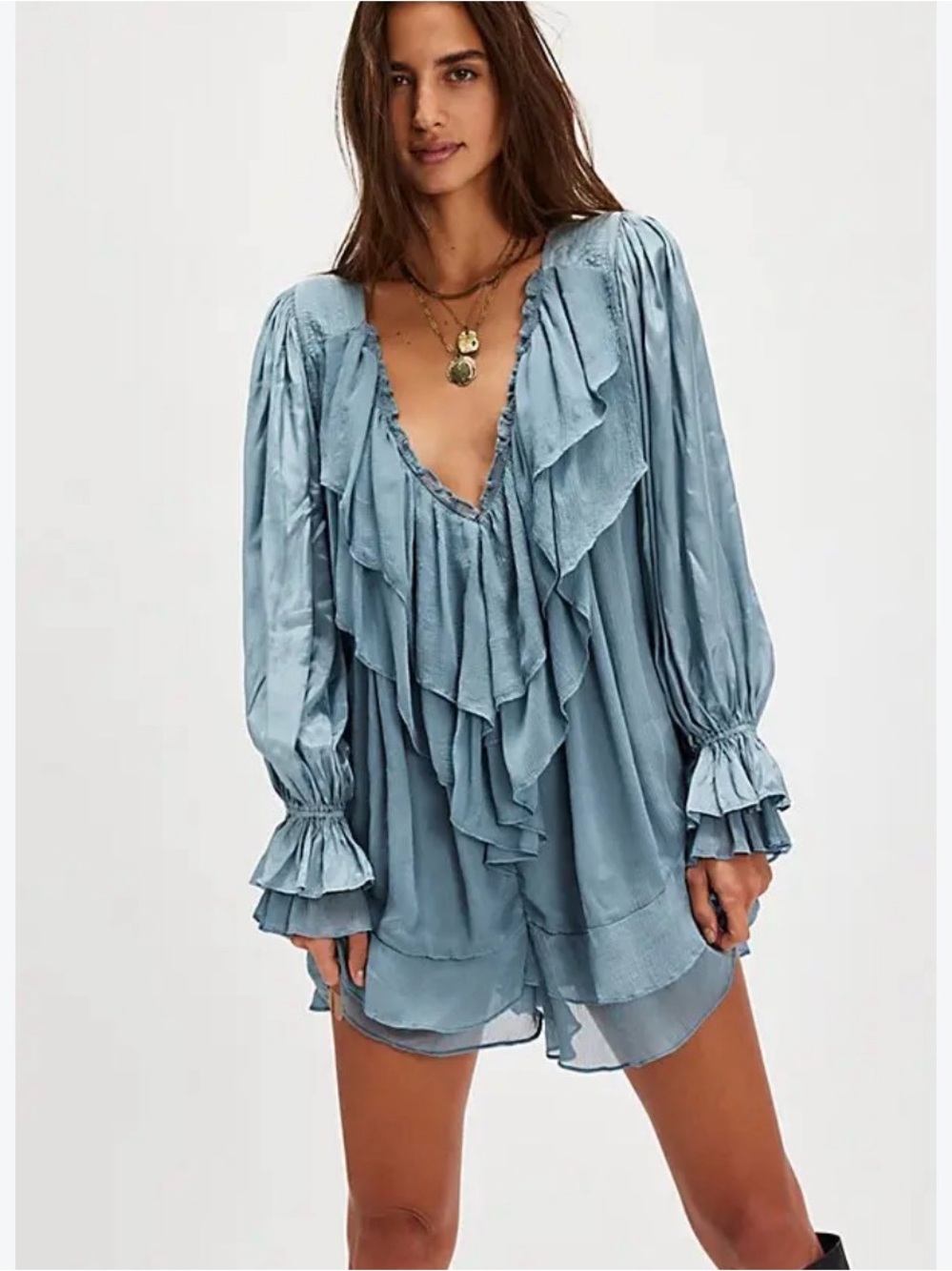 Ruffled V-Neck Long Sleeve Dress in Dusty Blue